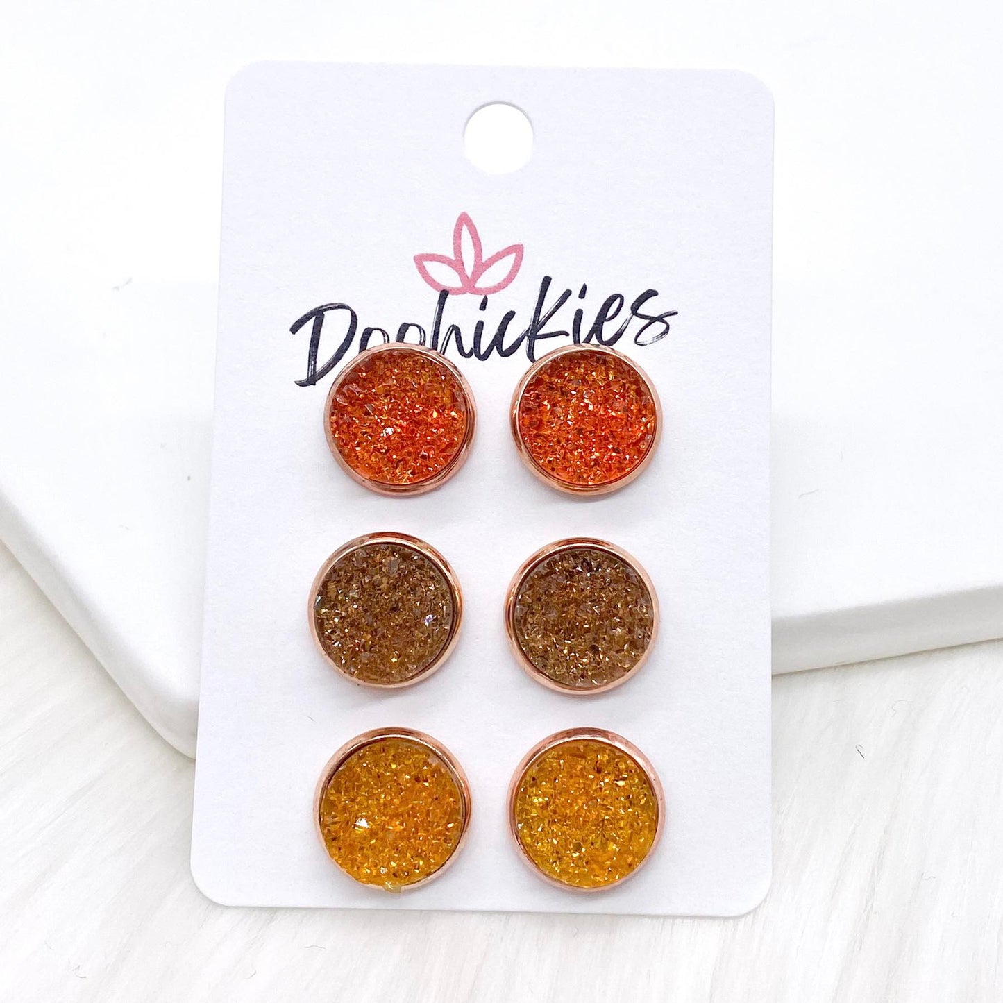 12mm Autumn Orange/Toasted Marshmallow/Yellow in Rose Gold Settings -Fall Earrings by Doohickies Wholesale