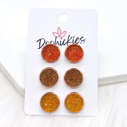 12mm Autumn Orange/Toasted Marshmallow/Yellow in Rose Gold Settings -Fall Earrings by Doohickies Wholesale