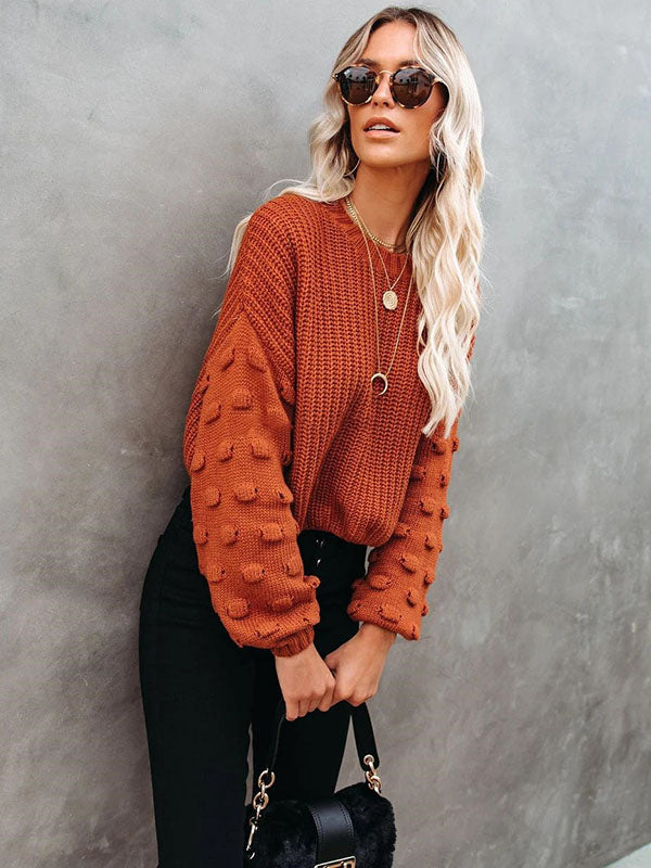 Trendy Tops Puff Sleeves Loose Solid Color Round-Neck Sweater Tops by migunica