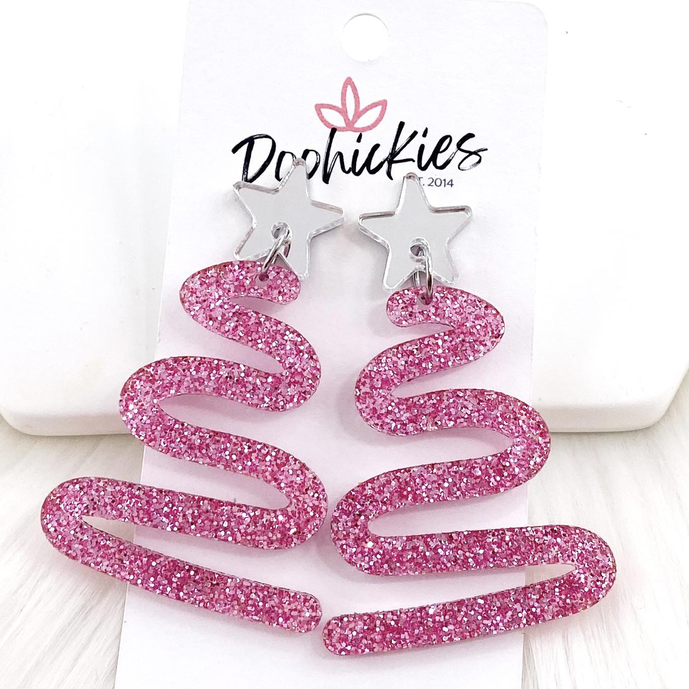 2.5" Pink Glitter Curvy Tree Dangles -Christmas Acrylic Earrings by Doohickies Wholesale