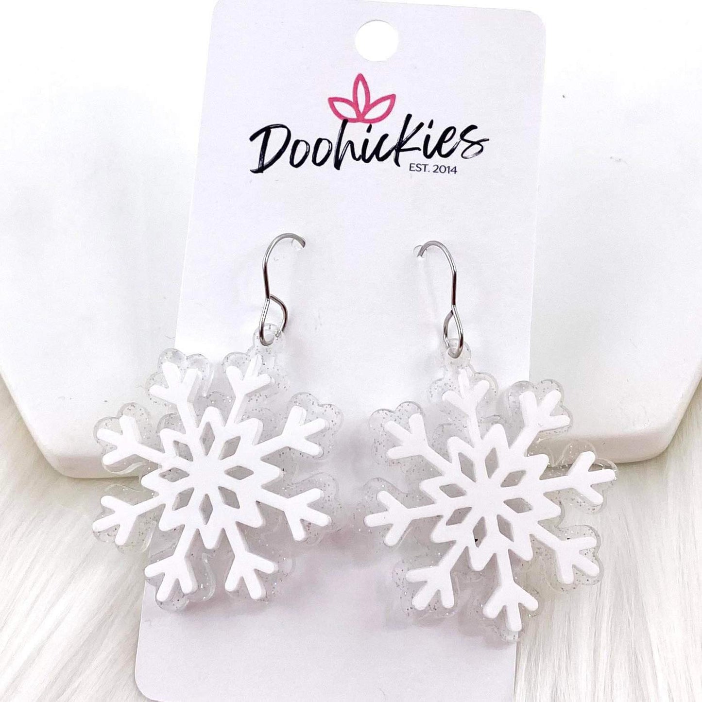 1.5 White Shimmer Snowflake -Christmas Acrylic Earrings by Doohickies Wholesale