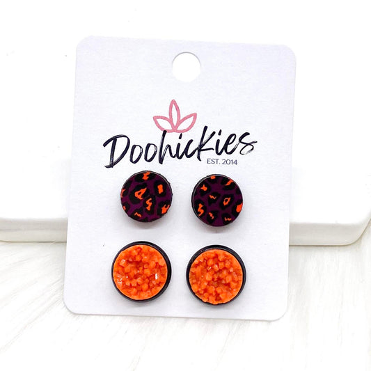 10mm Halloween Leopard & 12mm Orange Crystals in Black Settings - Halloween Earrings by Doohickies Wholesale