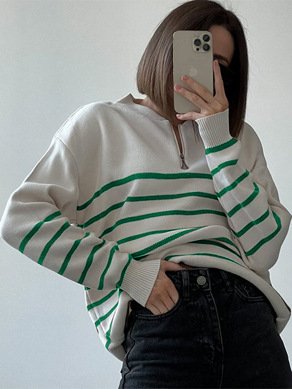 Urban Long Sleeves Loose Striped Round-Neck Sweater Tops by migunica