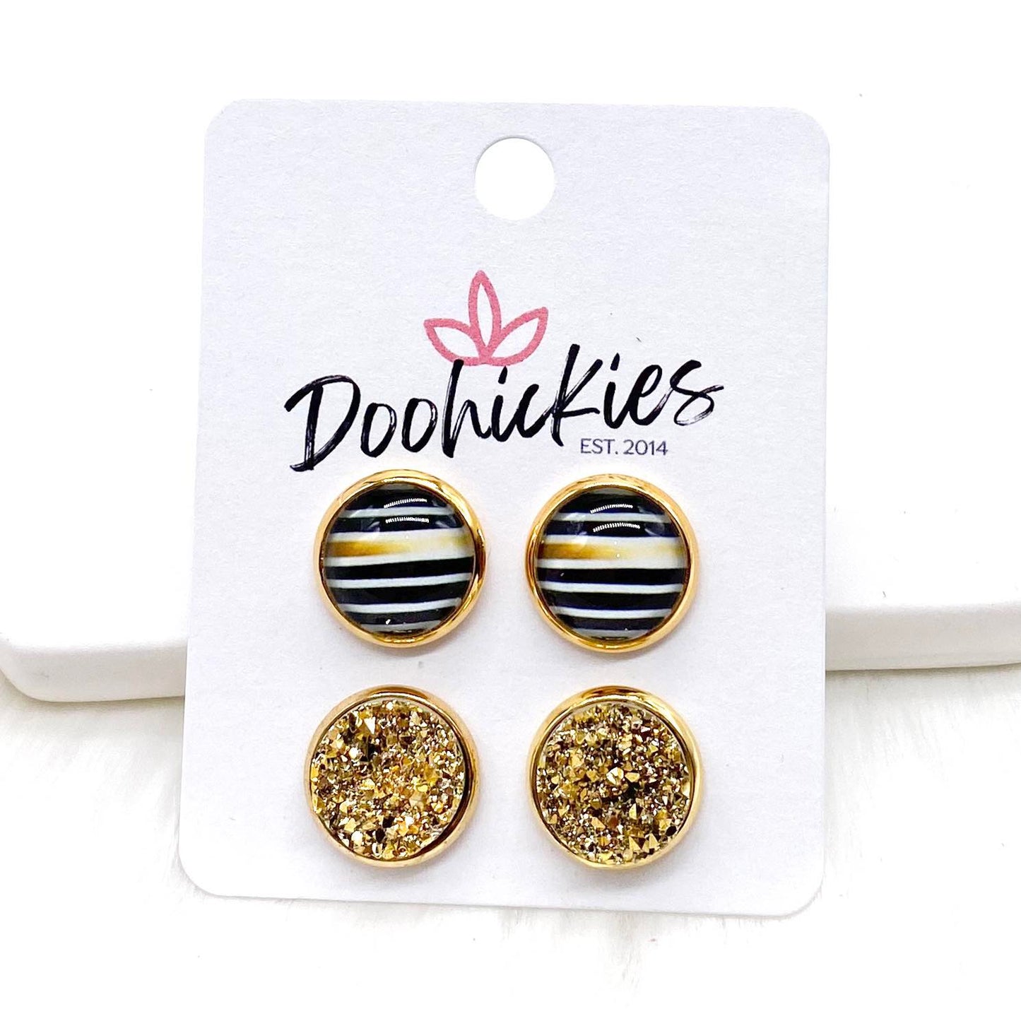 12mm Ombre Gold Stripe & Gold in Gold Settings -Stud Earrings by Doohickies Wholesale