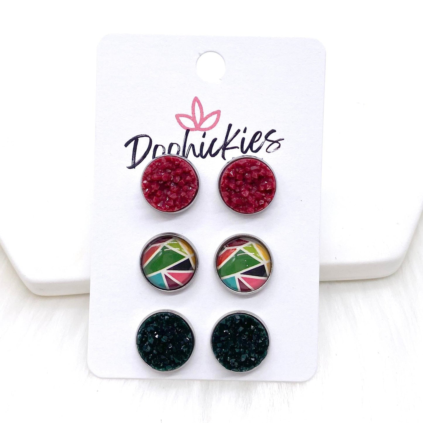 12mm Cranberry/Mosaic/Evergreen Crystals in Stainless Steel Settings -Fall Stud Earrings by Doohickies Wholesale