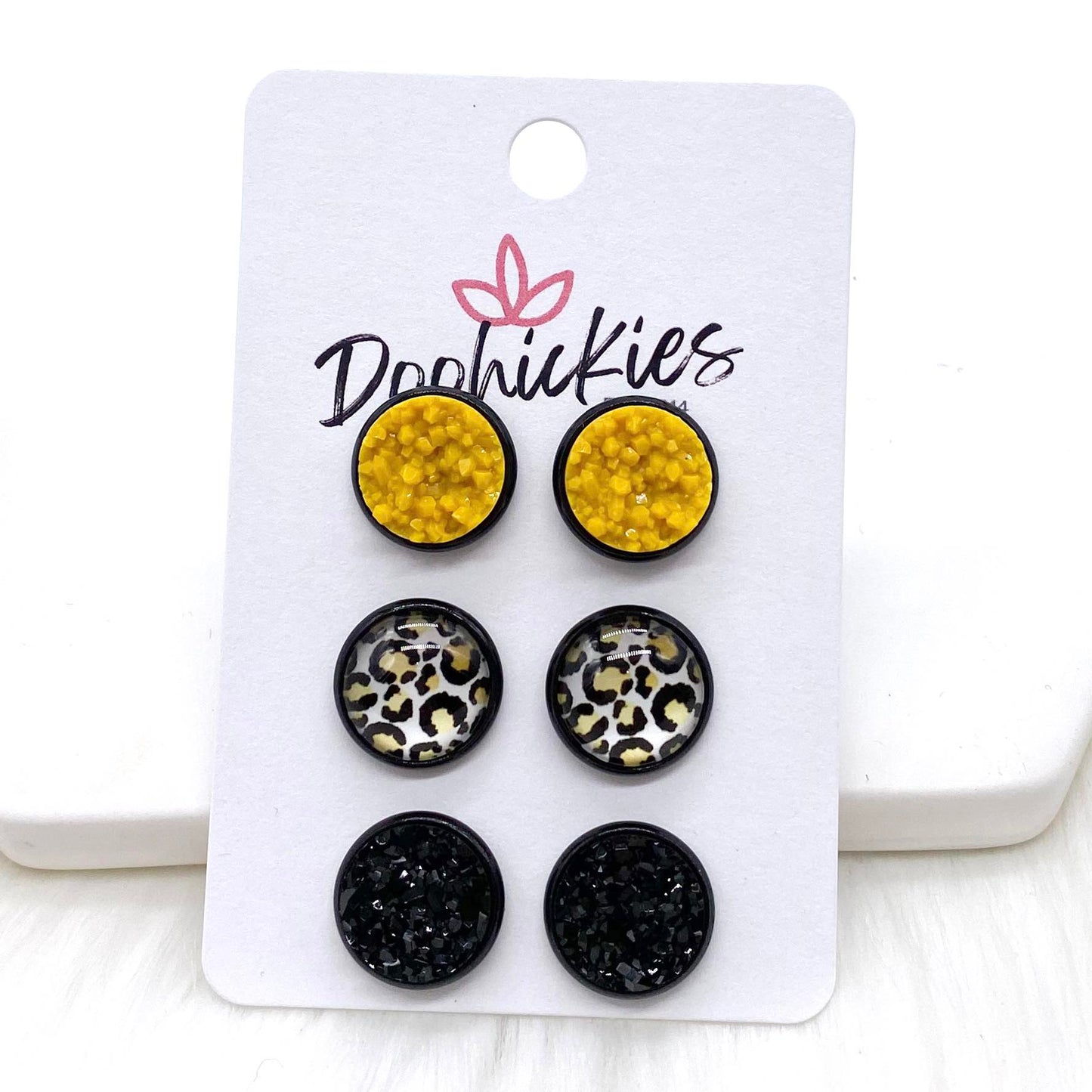 12mm Mustard/Mustard Leopard/Black in Black Settings -Fall Stud Earrings by Doohickies Wholesale