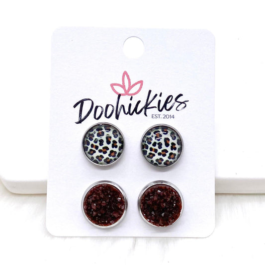 12mm Brown Leopard & Chocolate Crystals in Stainless Steel Settings -Fall Earrings by Doohickies Wholesale