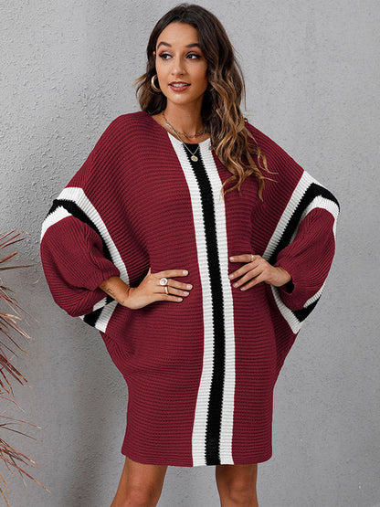 Original Loose 4 Colors Striped Round-Neck Batwing Long Sleeves Sweater Dress by migunica