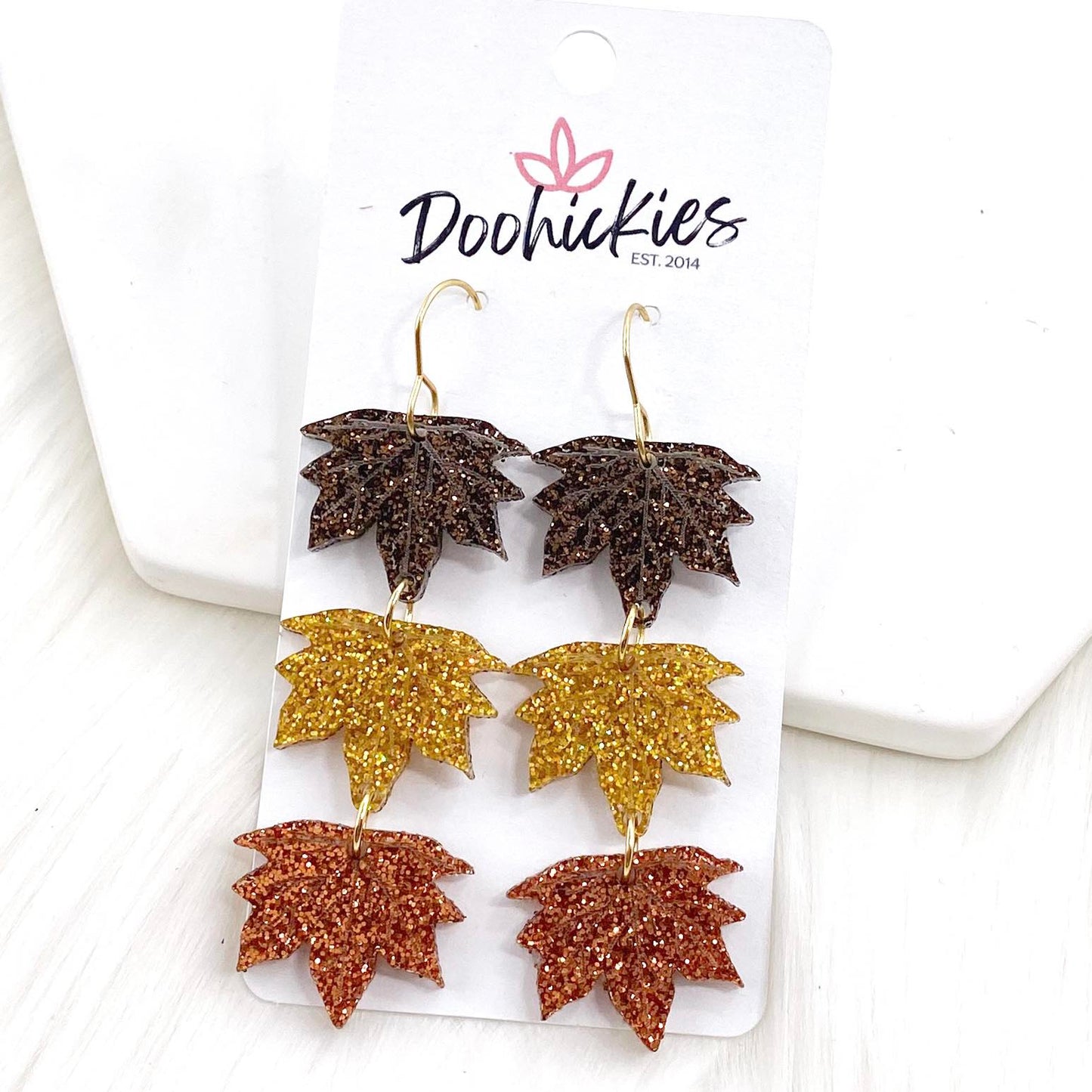 2.5" Engraved Tri-Colored Leaves -Fall Acrylic Earrings by Doohickies Wholesale