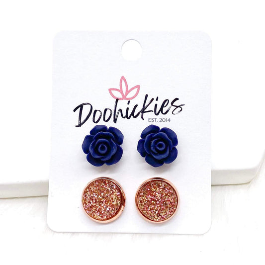 12mm Navy Roses & Rose Glitter in Rose Gold by Doohickies Wholesale