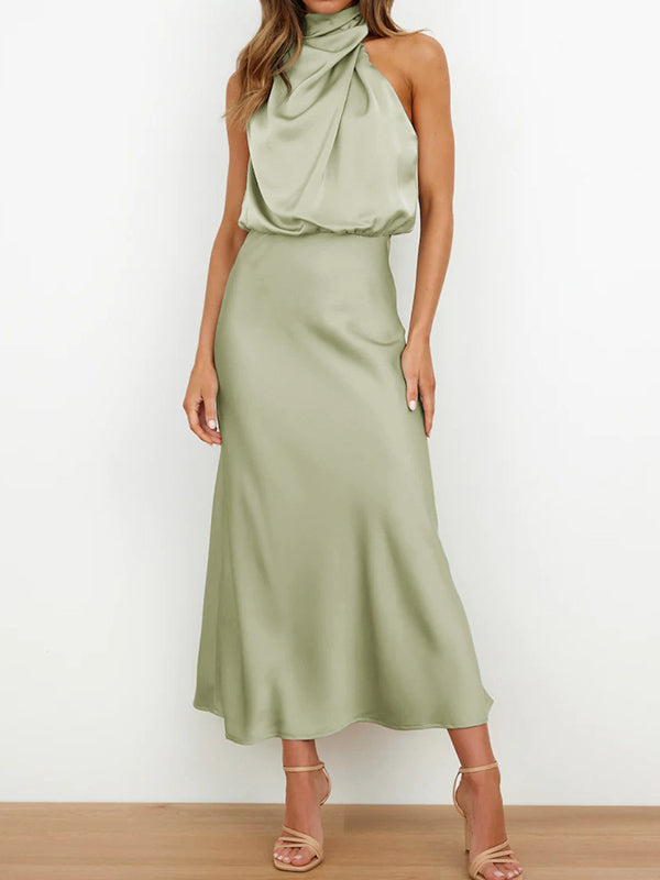 Sleeveless Solid Color Halter-Neck Midi Dresses by migunica