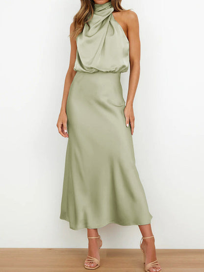 Sleeveless Solid Color Halter-Neck Midi Dresses by migunica