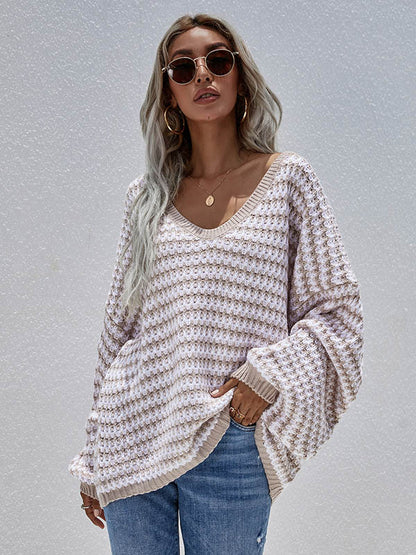 Original Loose Striped 8 Colors V-Neck Long Sleeves Sweater Top by migunica