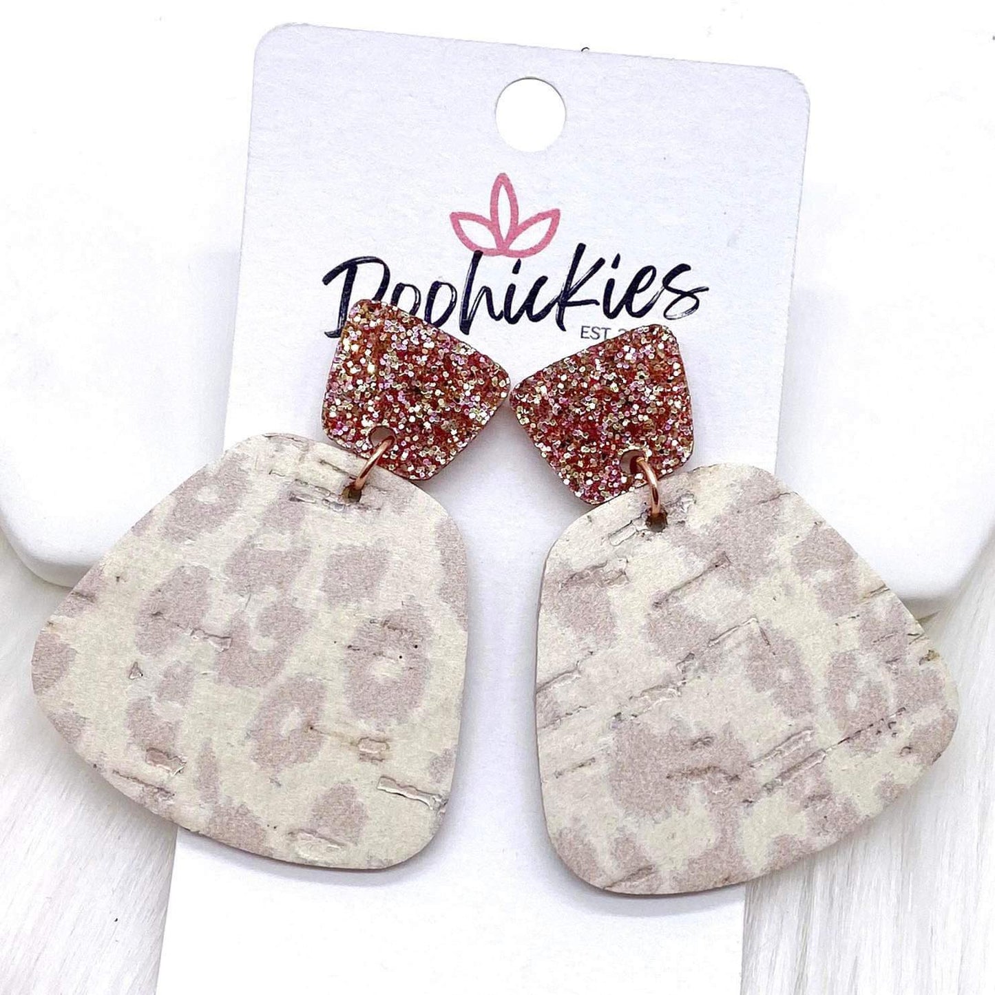 2" Rose Glitter & Nude Leopard Jasmines -Cork Earrings by Doohickies Wholesale