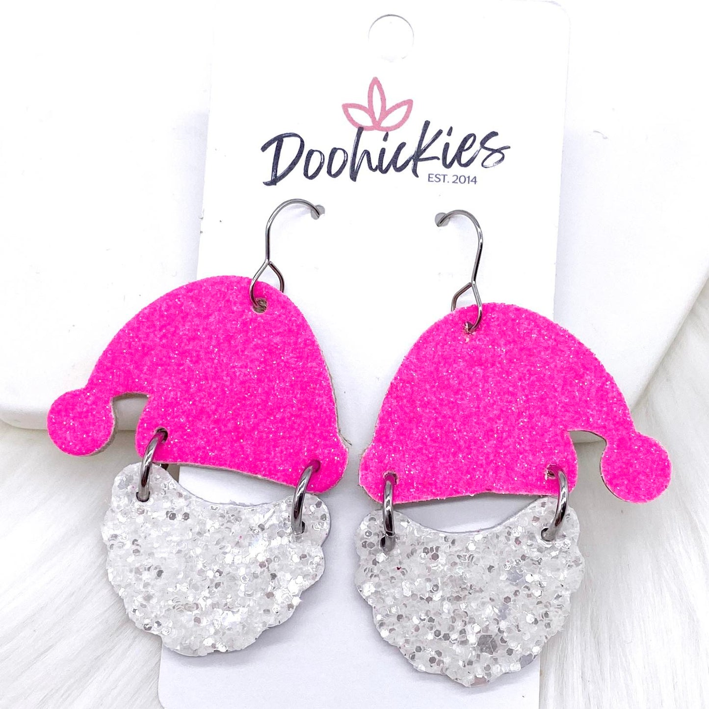 2" Hot Pink Glitter Santas -Christmas Earrings by Doohickies Wholesale