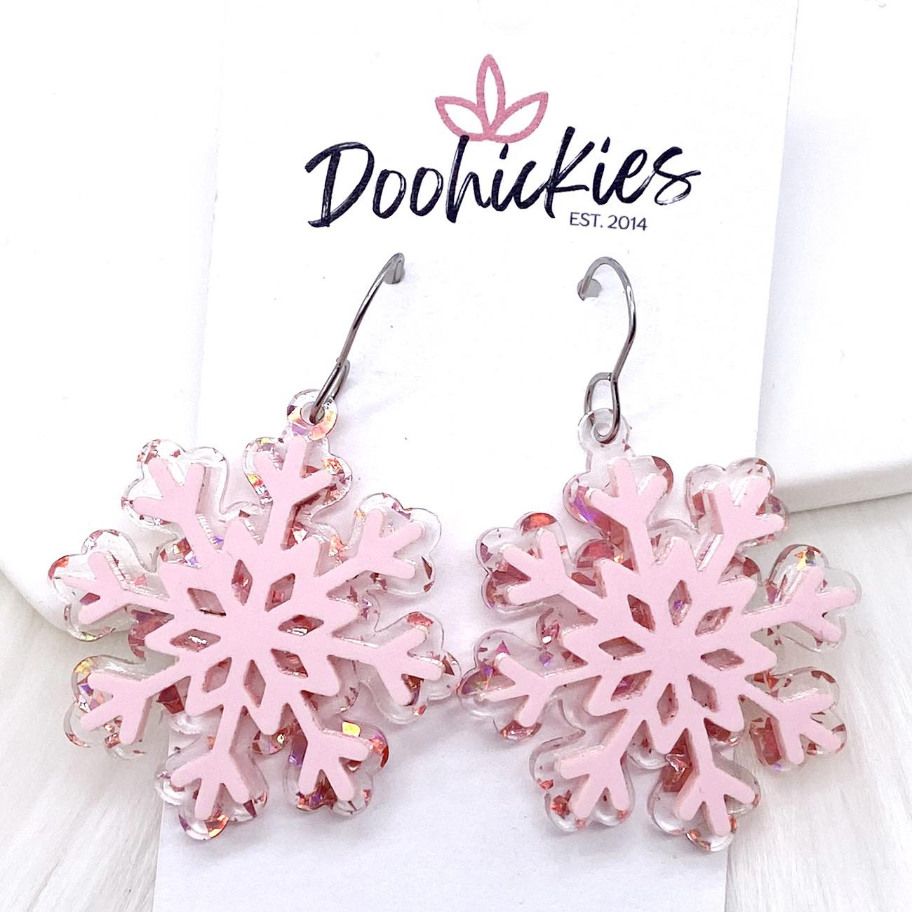 1.5" Layered Shimmer Snowflakes -Christmas Acrylic Earrings by Doohickies Wholesale