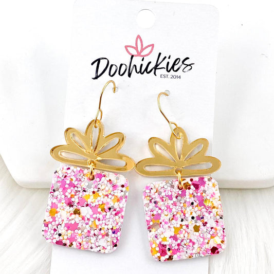 2" Gold Mirror Bow & Cotton Candy Glitter Presents -Christmas Earrings by Doohickies Wholesale