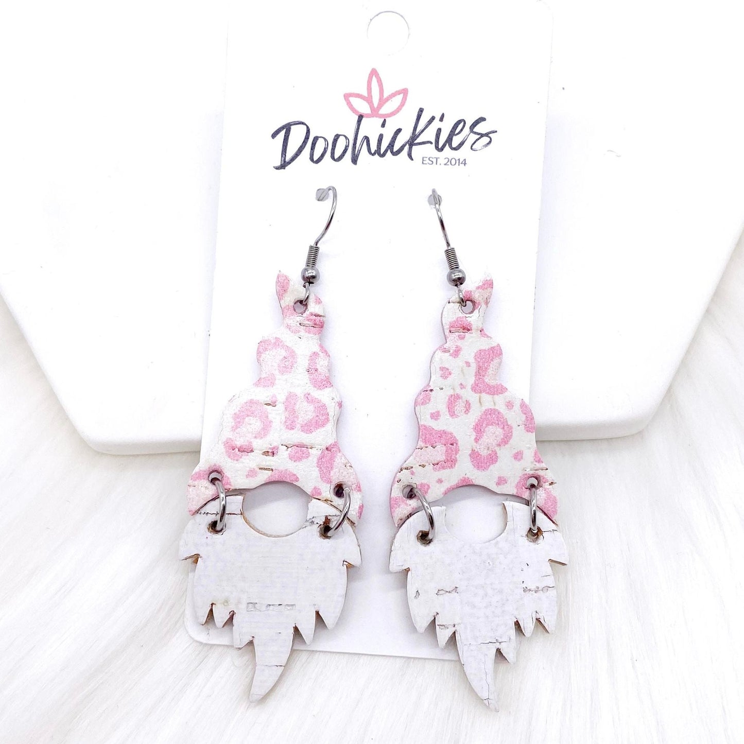 2.5" Pink Leopard Gnomes -Christmas Cork Earrings by Doohickies Wholesale