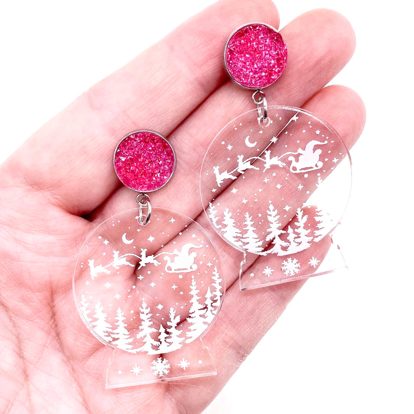 2" Hot Pink Crystals & Snow Globe Dangles -Christmas Earrings by Doohickies Wholesale