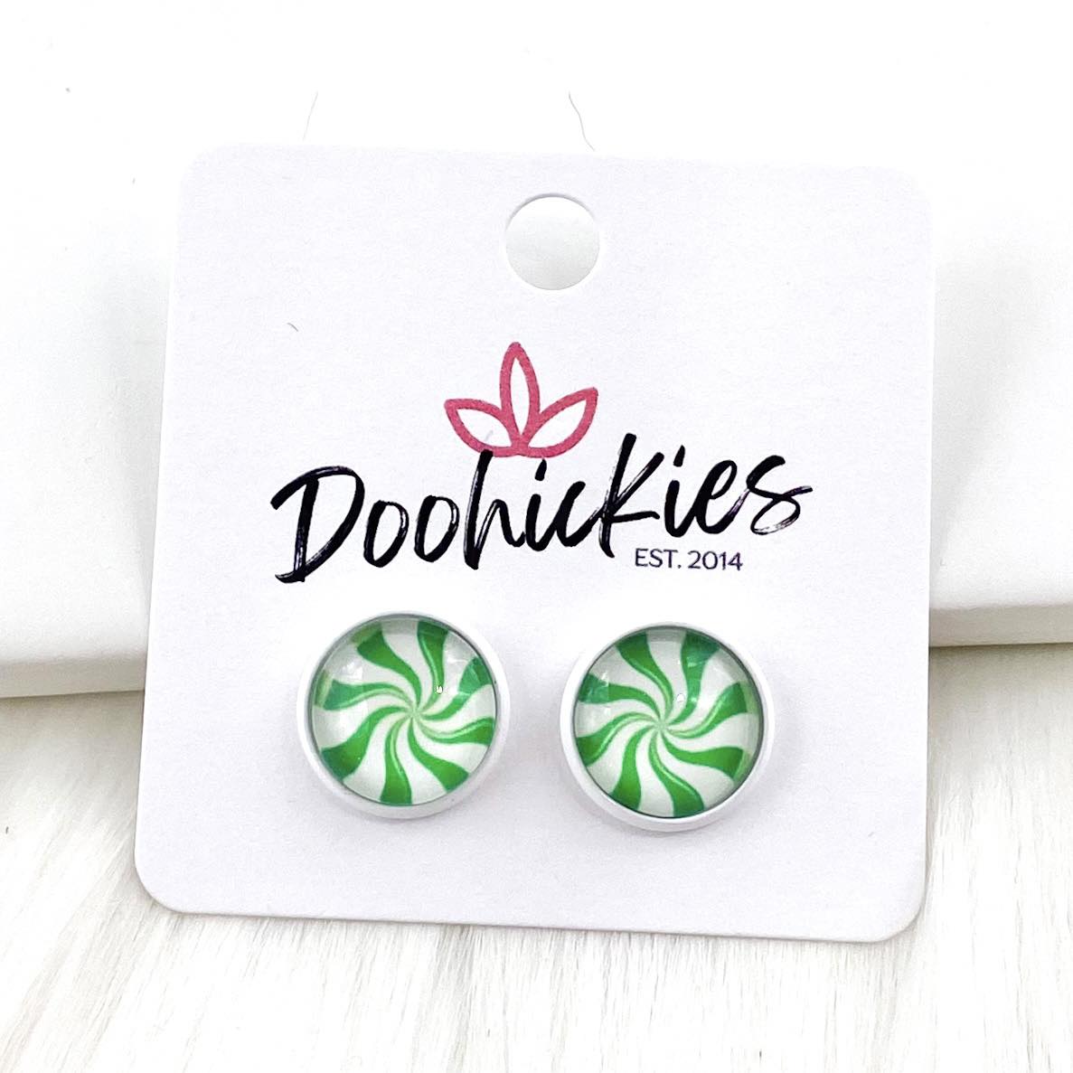 12mm Peppermint Singles in White Settings -Christmas Studs by Doohickies Wholesale