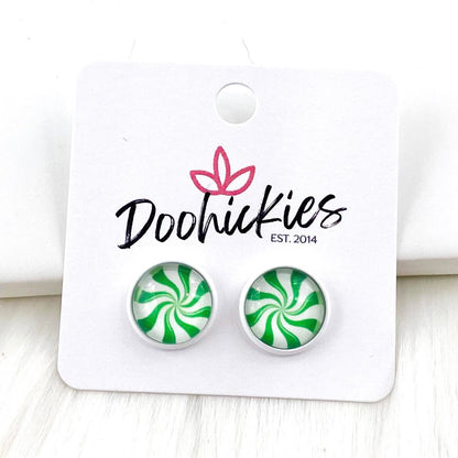 12mm Peppermint Singles in White Settings -Christmas Studs by Doohickies Wholesale