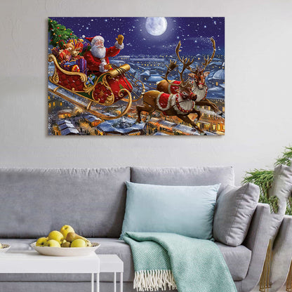 Framed Canvas Wall Art Decor Painting For Chrismas, Santa on Sleigh With Reindeer Gift Painting For Chrismas Gift, Decoration For Chrismas Eve Office Living Room, Bedroom Decor-Ready To Hang