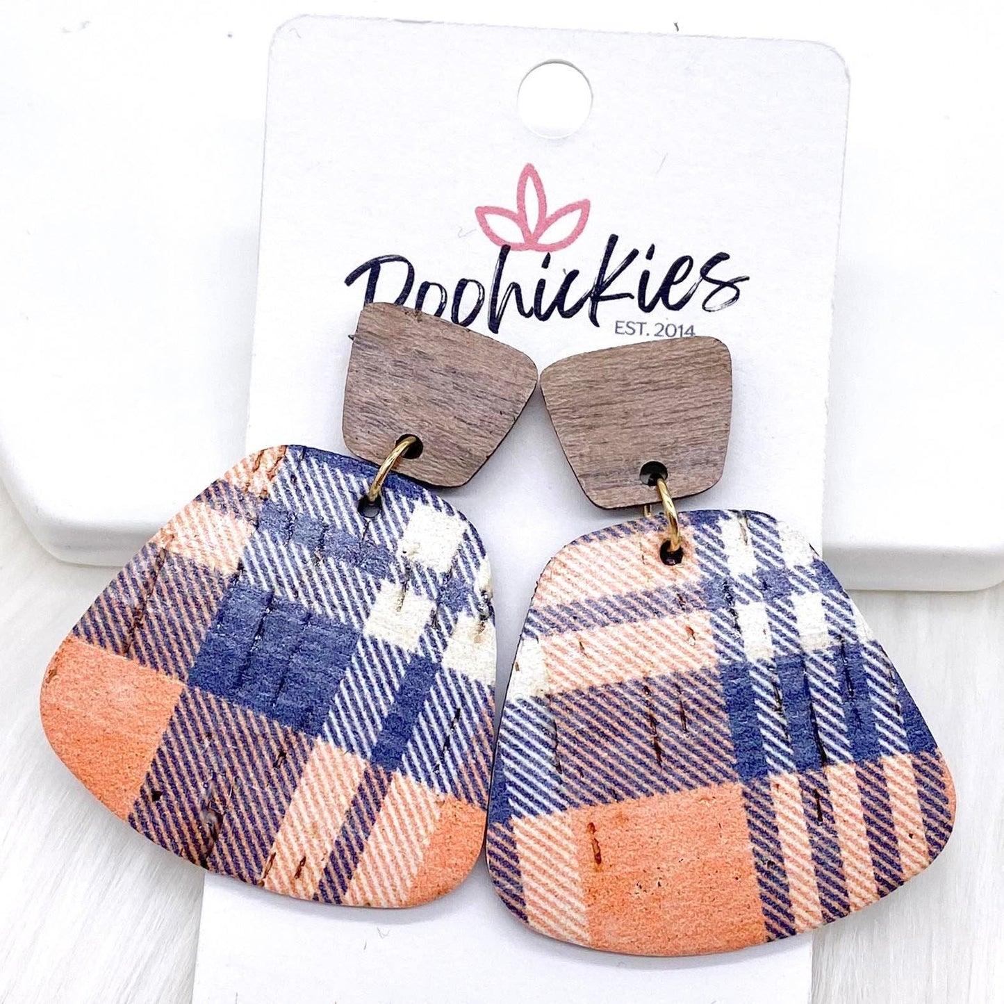 2" Walnut & Fall Plaid Jasmines - Fall Cork Earrings by Doohickies Wholesale