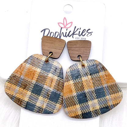 2" Walnut & Fall Plaid Jasmines - Fall Cork Earrings by Doohickies Wholesale