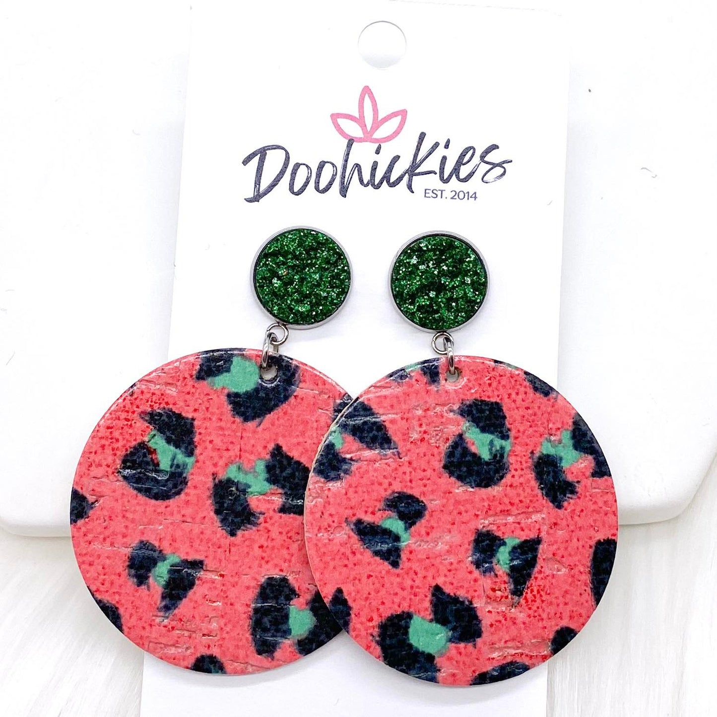 2" Glitter Green & Christmas Leopard Dangle Piggybacks -Cork Earrings by Doohickies Wholesale