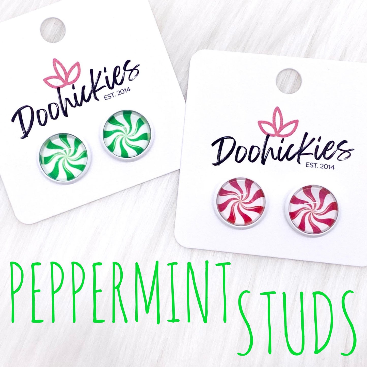 12mm Peppermint Singles in White Settings -Christmas Studs by Doohickies Wholesale