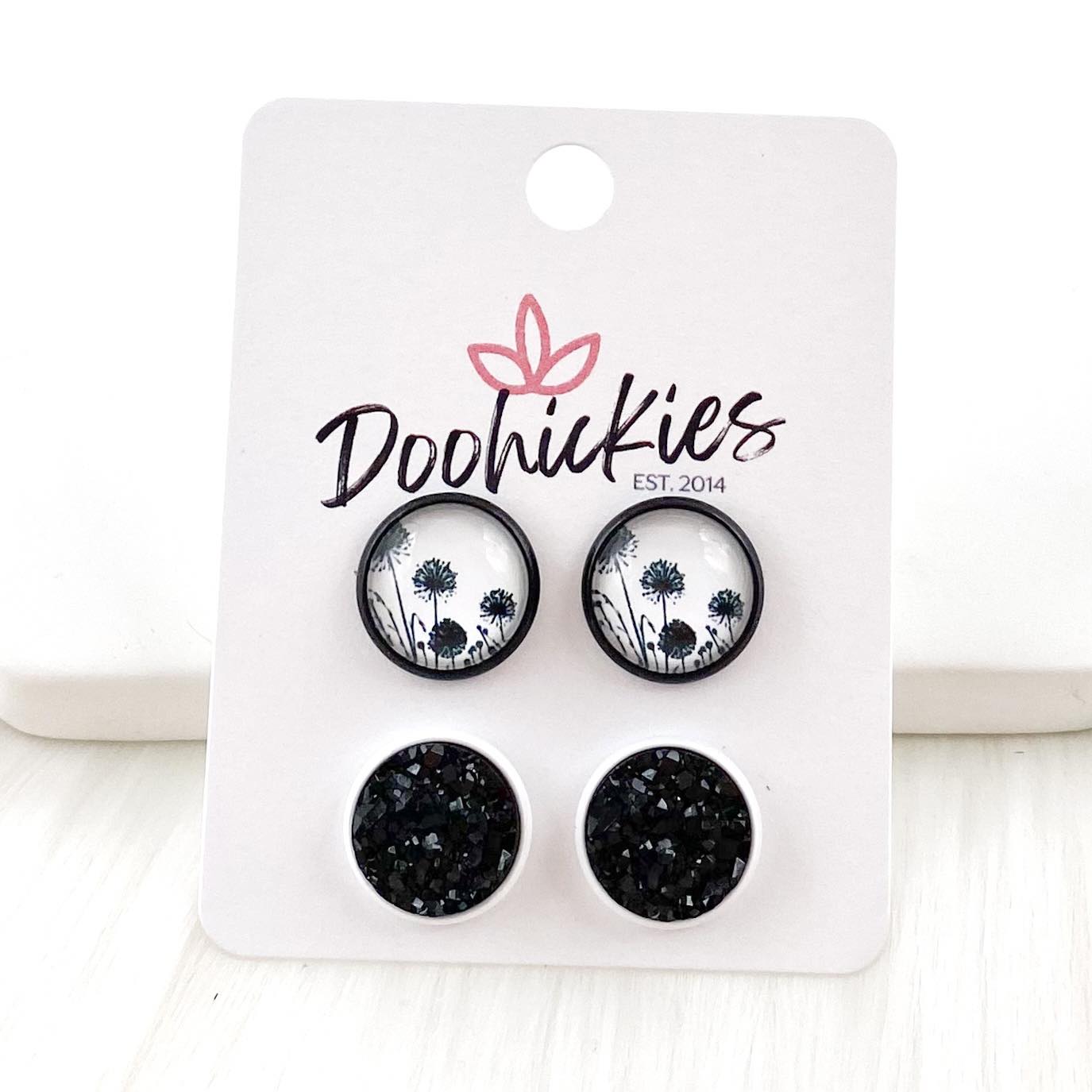 12mm Black Poppies & Black in Black/White Settings -Everyday Earrings by Doohickies Wholesale