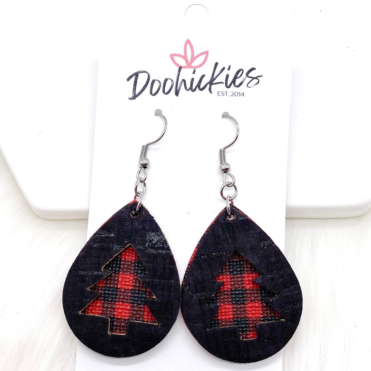 1.5" Black & Red Buffalo Plaid Layered Trees -Christmas Earrings by Doohickies Wholesale