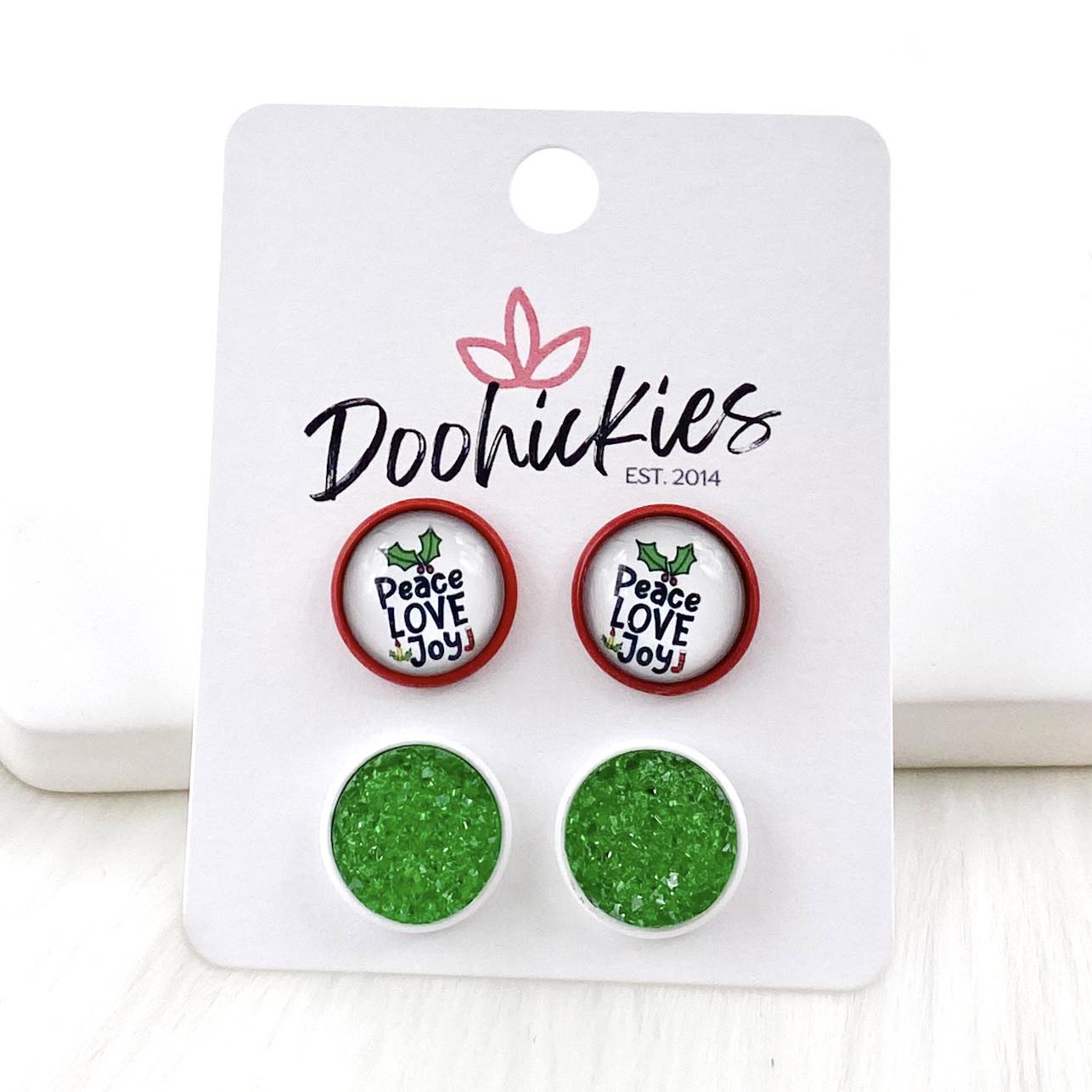 12mm Peace Love Joy & Green Sparkles in Red/White Settings -Christmas Studs by Doohickies Wholesale