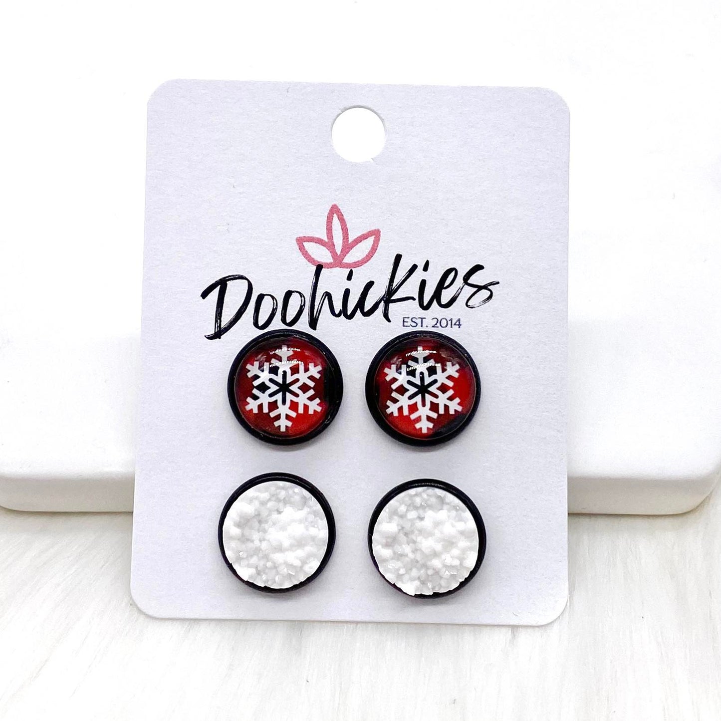 12mm Plaid Snowflakes & White in Black Settings -Christmas Studs by Doohickies Wholesale