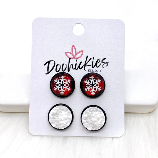 12mm Plaid Snowflakes & White in Black Settings -Christmas Studs by Doohickies Wholesale