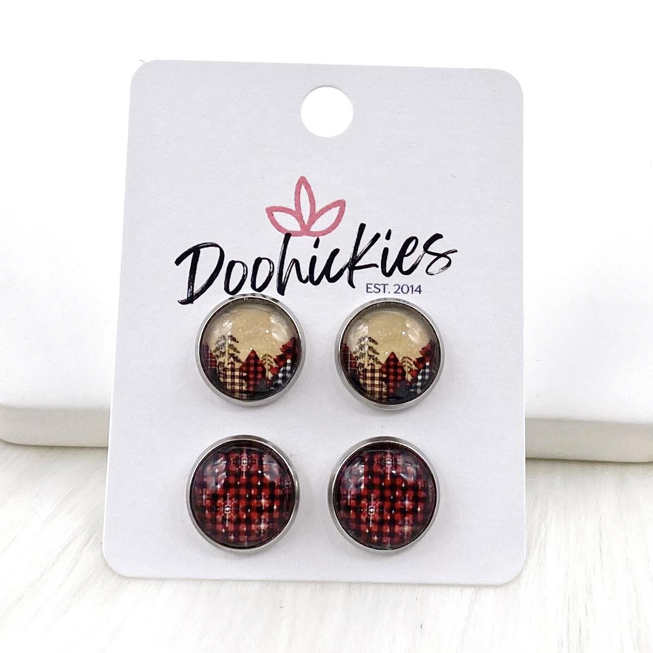 12mm Country Christmas & Snowflake Red Buffalo Plaid in Stainless Steel Settings -Christmas Earrings by Doohickies Wholesale