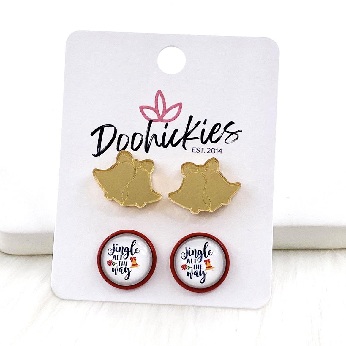 12mm Gold Mirror Bells & Jingle All the Way in Red Settings -Christmas Earrings by Doohickies Wholesale