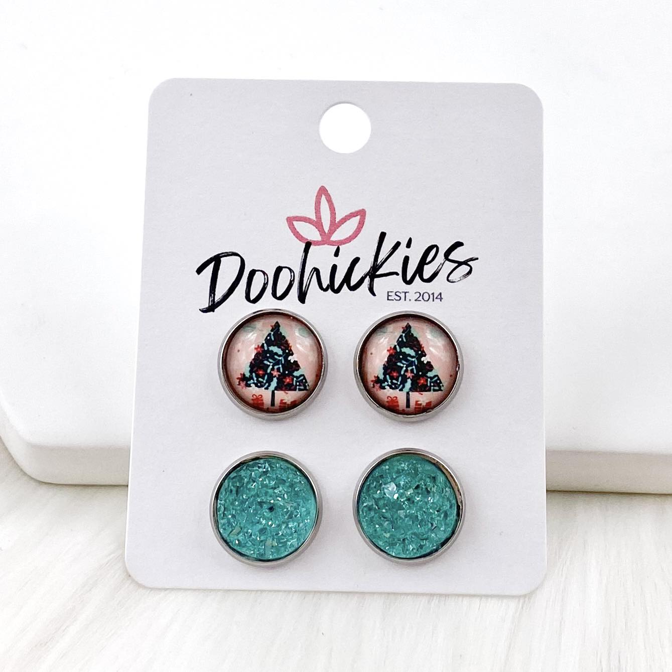 12mm Peachy Christmas & Light Teal Sparkles in Stainless Steel Settings -Christmas Studs by Doohickies Wholesale