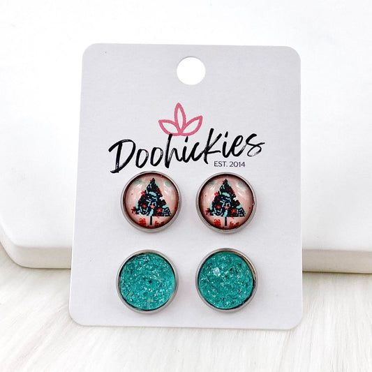 12mm Peachy Christmas & Light Teal Sparkles in Stainless Steel Settings -Christmas Studs by Doohickies Wholesale