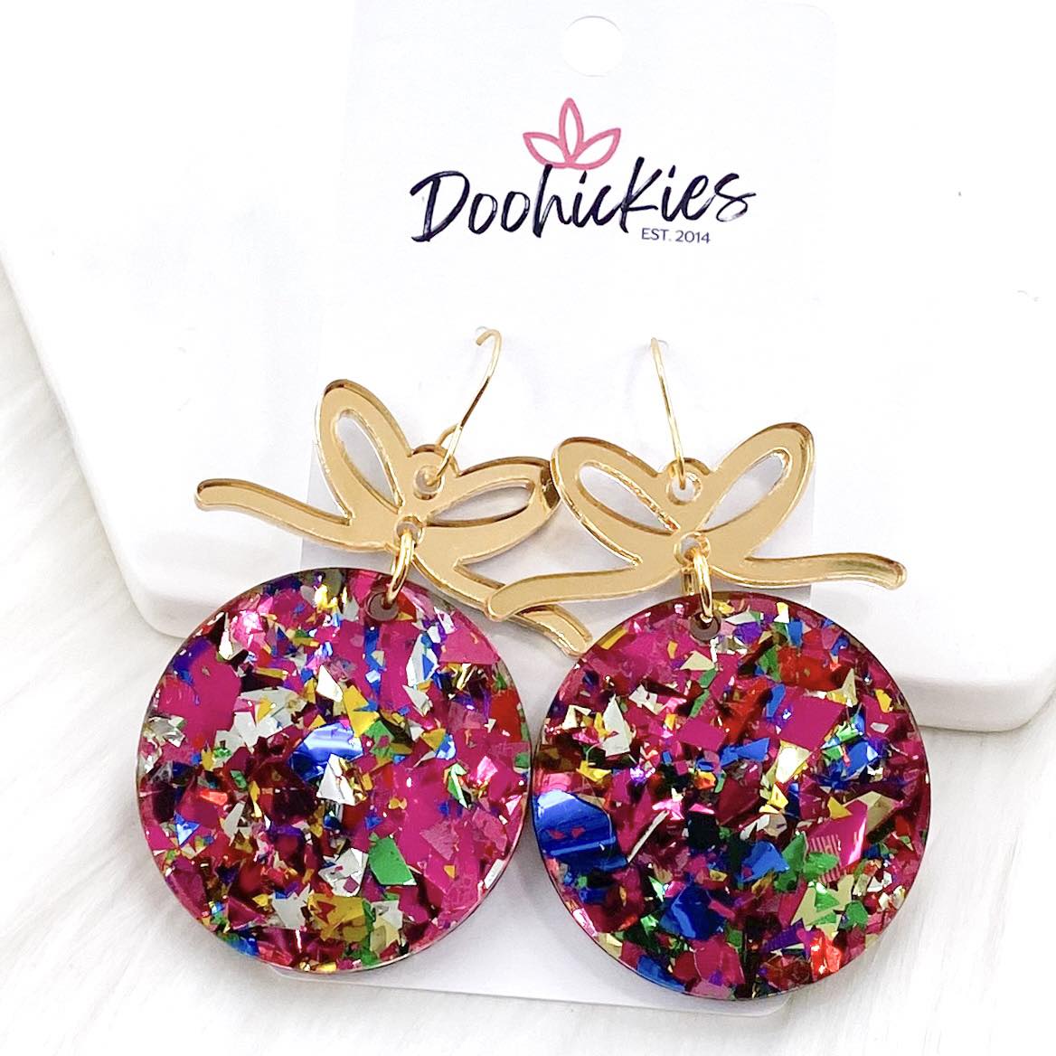 2.25" Party Pink Confetti Round Ornaments -Christmas Earrings by Doohickies Wholesale