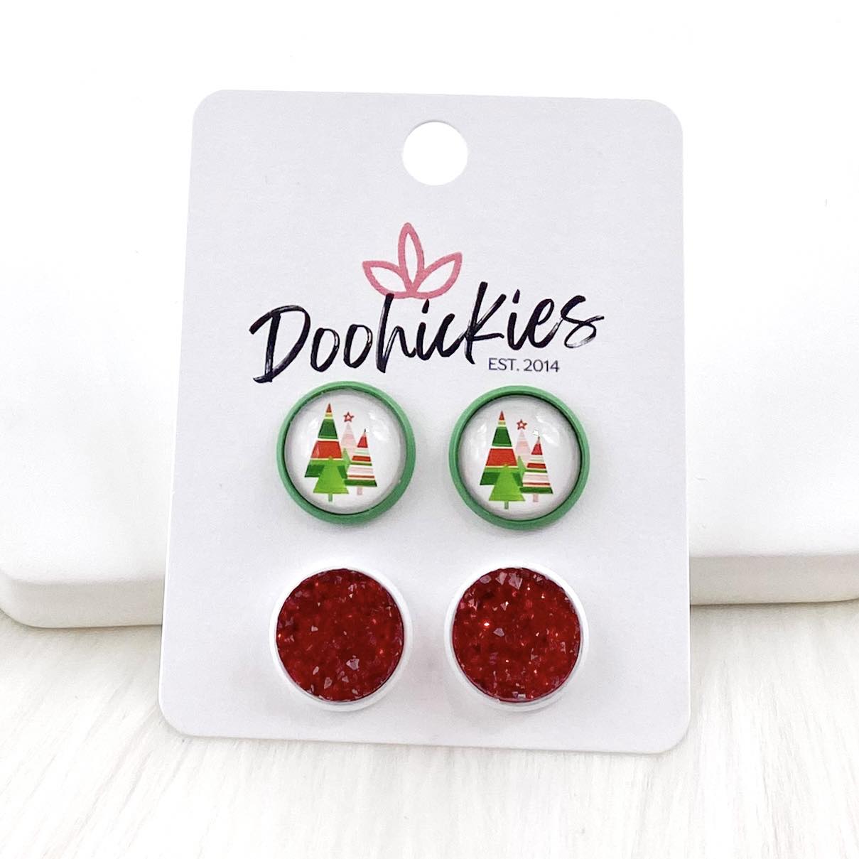 12mm Decorated Christmas Trees & Red Sparkles in Green/White Settings -Christmas Earrings by Doohickies Wholesale