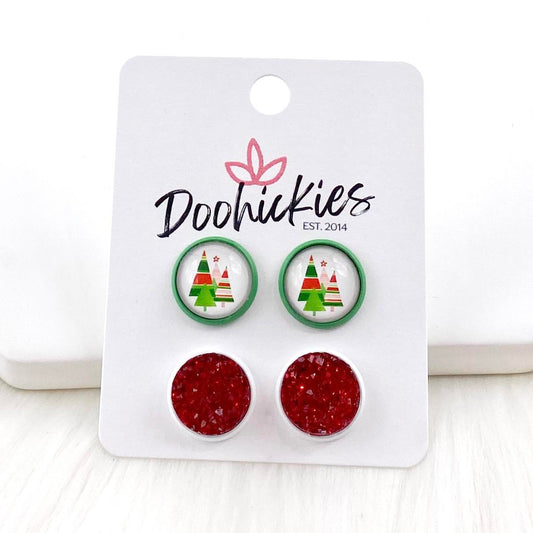 12mm Decorated Christmas Trees & Red Sparkles in Green/White Settings -Christmas Earrings by Doohickies Wholesale