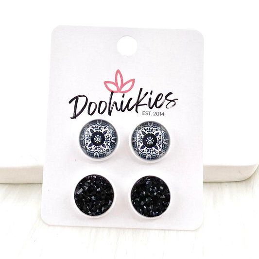 12mm Mandala & Black in White Settings -Everyday Earrings by Doohickies Wholesale