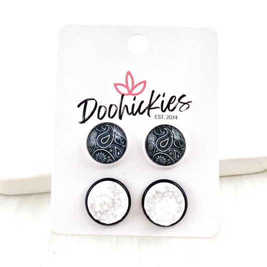 12mm Black Paisley & White in White/Black Settings -Everyday Earrings by Doohickies Wholesale