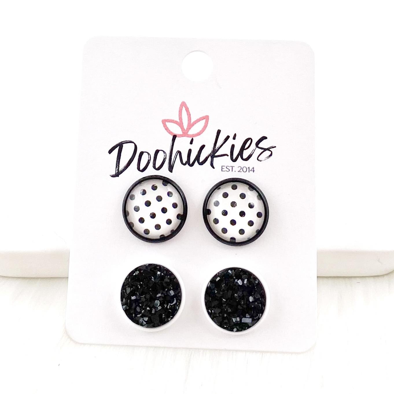 12mm Black Polka Dots & Black in Black/White Settings -Everyday Earrings by Doohickies Wholesale