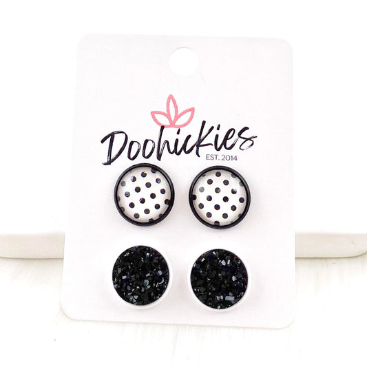 12mm Black Polka Dots & Black in Black/White Settings -Everyday Earrings by Doohickies Wholesale