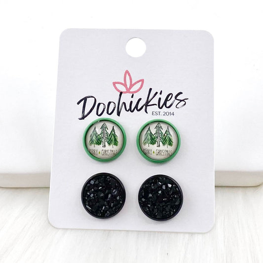 12mm Green Merry Christmas Trees & Black in Green/Black Settings -Christmas Studs by Doohickies Wholesale