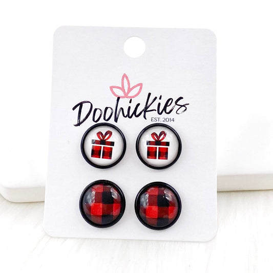 12mm Buffalo Plaid Presents & Buffalo Plaid in Black Settings -Christmas Studs by Doohickies Wholesale