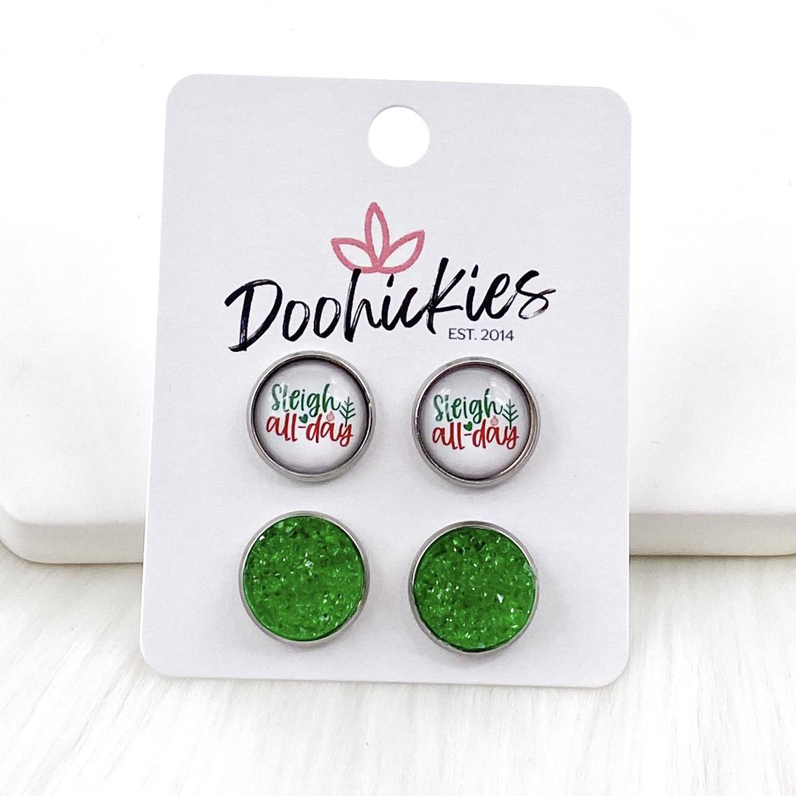 12mm Sleigh All Day & Green Sparkles in Stainless Steel Settings -Christmas Studs by Doohickies Wholesale