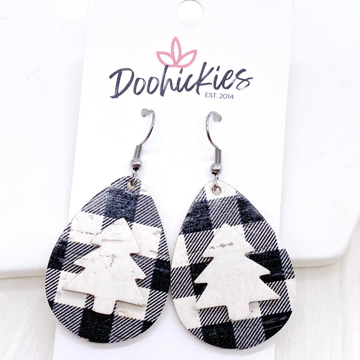 1.5" White Buffalo Plaid 3-D Tree Teardrops -Christmas Earrings by Doohickies Wholesale